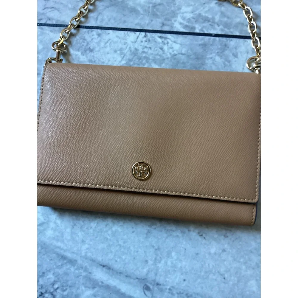 Tory Burch Robinson Chain Wallet Crossbody Bag Tan Saffiano Leather Gold Ware